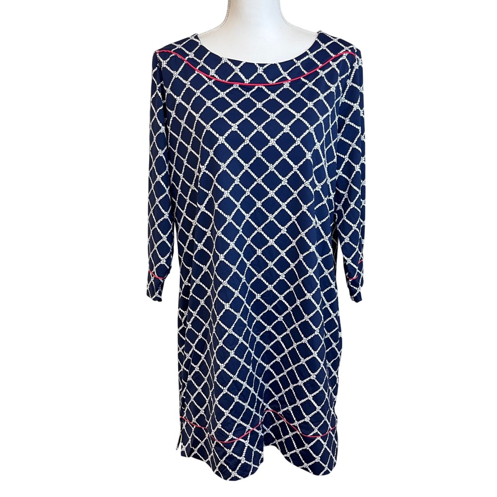 LANDS END‎ Navy Rope Print Dress Sz XL 18 Boat Neck 3/4 Sleeve Travel Coastal